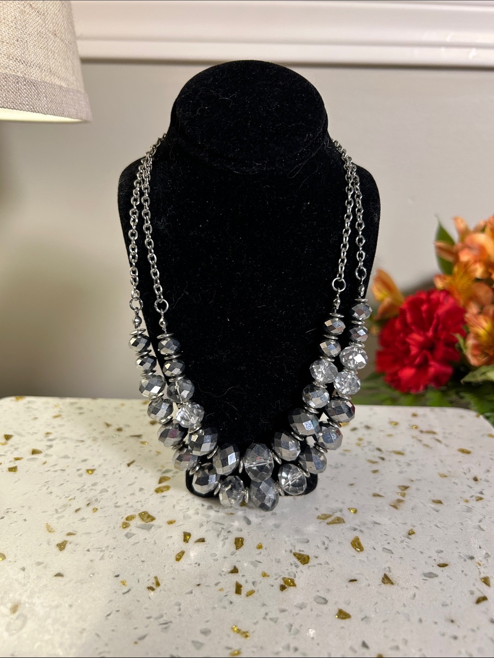 Source Unknown Faceted Crystal Bead Necklace - Silver 16”